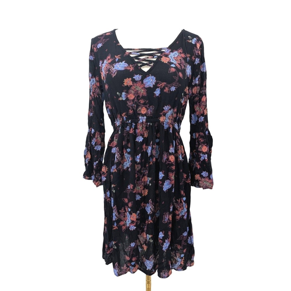 Mudd‎ Floral Boho Dress Bell Sleeve Lace Up Front Black Womens M
